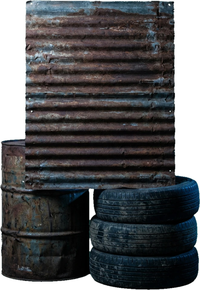 A rusty corrugated-iron sign leaning on old tyres and an oil drum at a Coober Pedy opal claim under the stars.